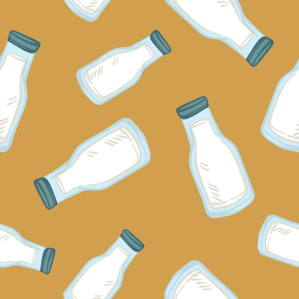 Bottled milk, dairy products seamless pattern vector