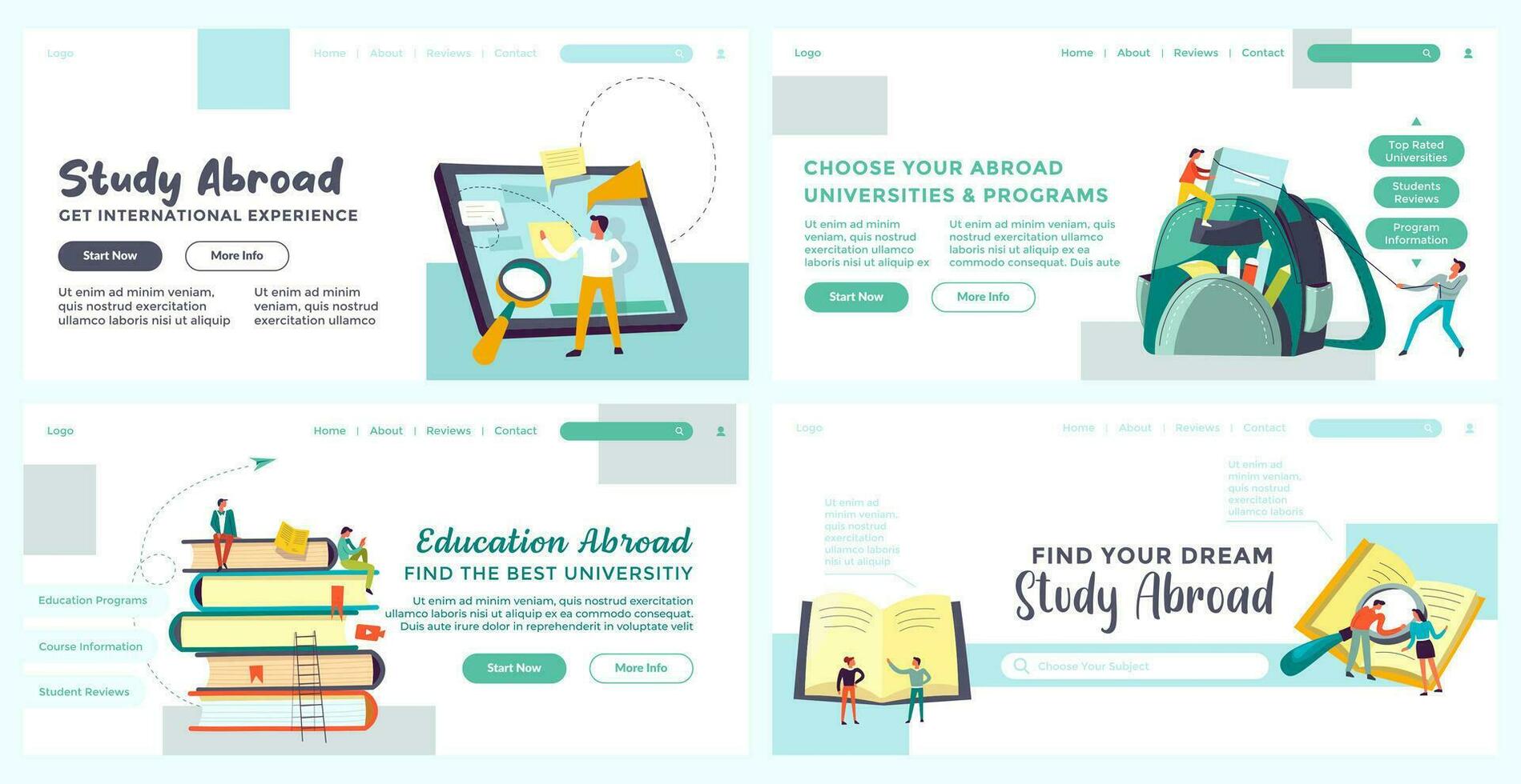 Landing page set for education adroad advertising vector