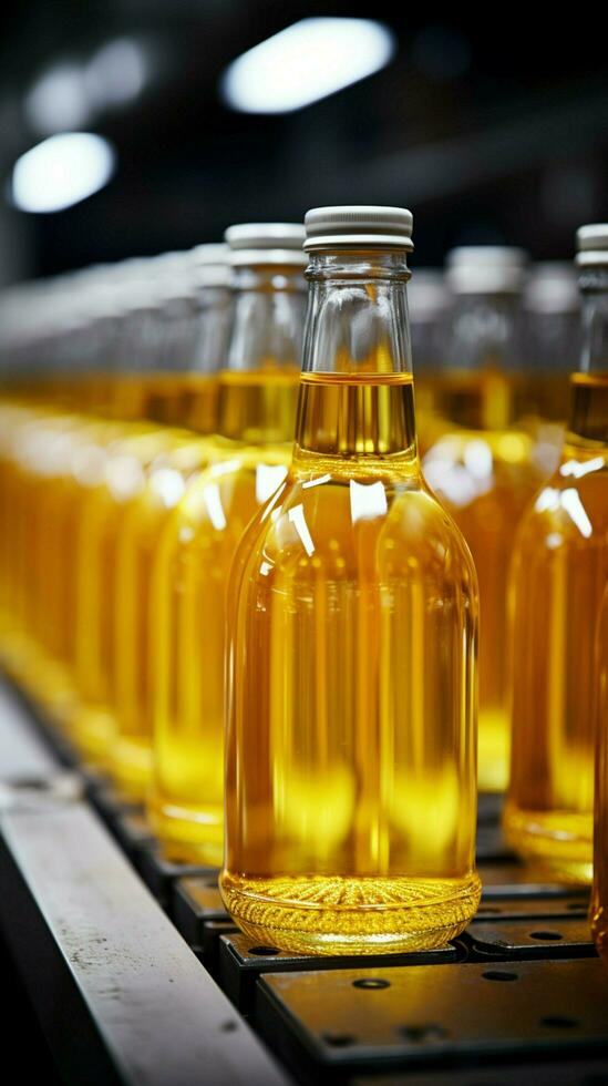 Glass bottles in production, receiving a delicious blend of apple and pineapple juice Vertical Mobile Wallpaper AI Generated photo