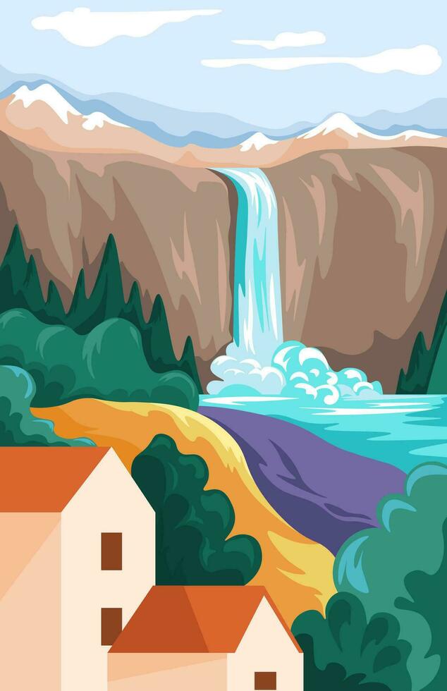 Scenery with houses and waterfall, landscapes vector