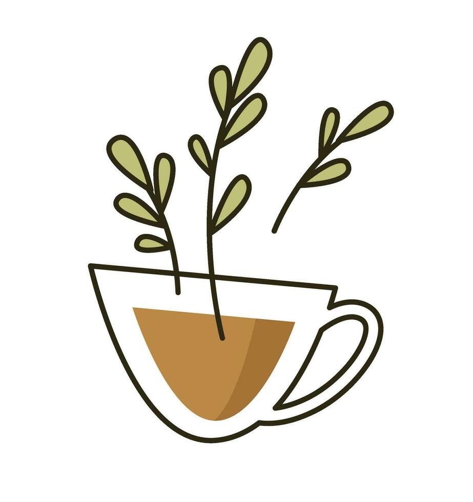 Glass with warm organic beverage and leaves vector