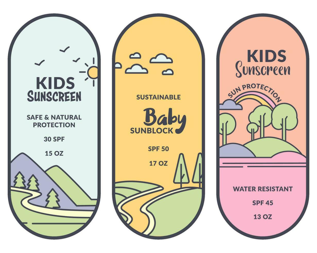 Kids sunscreen, safe and natural protection label vector