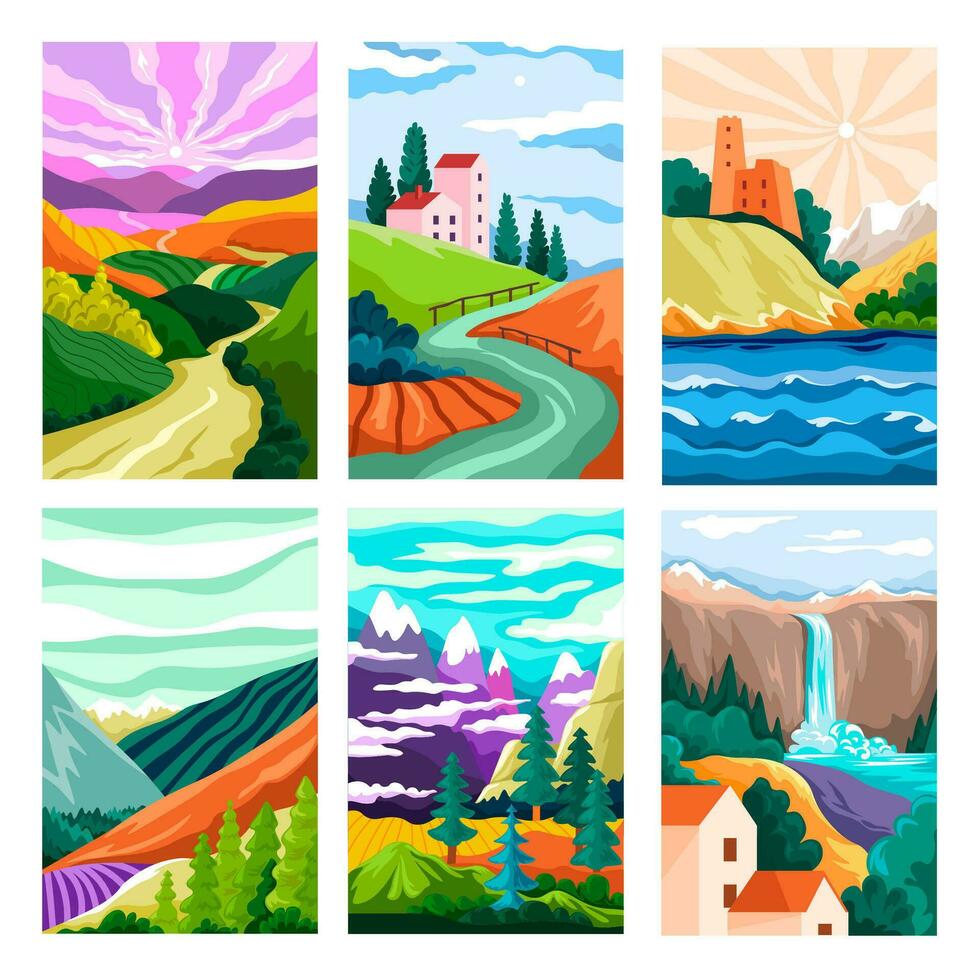 paisaje con cascada, bosque y montañas vector