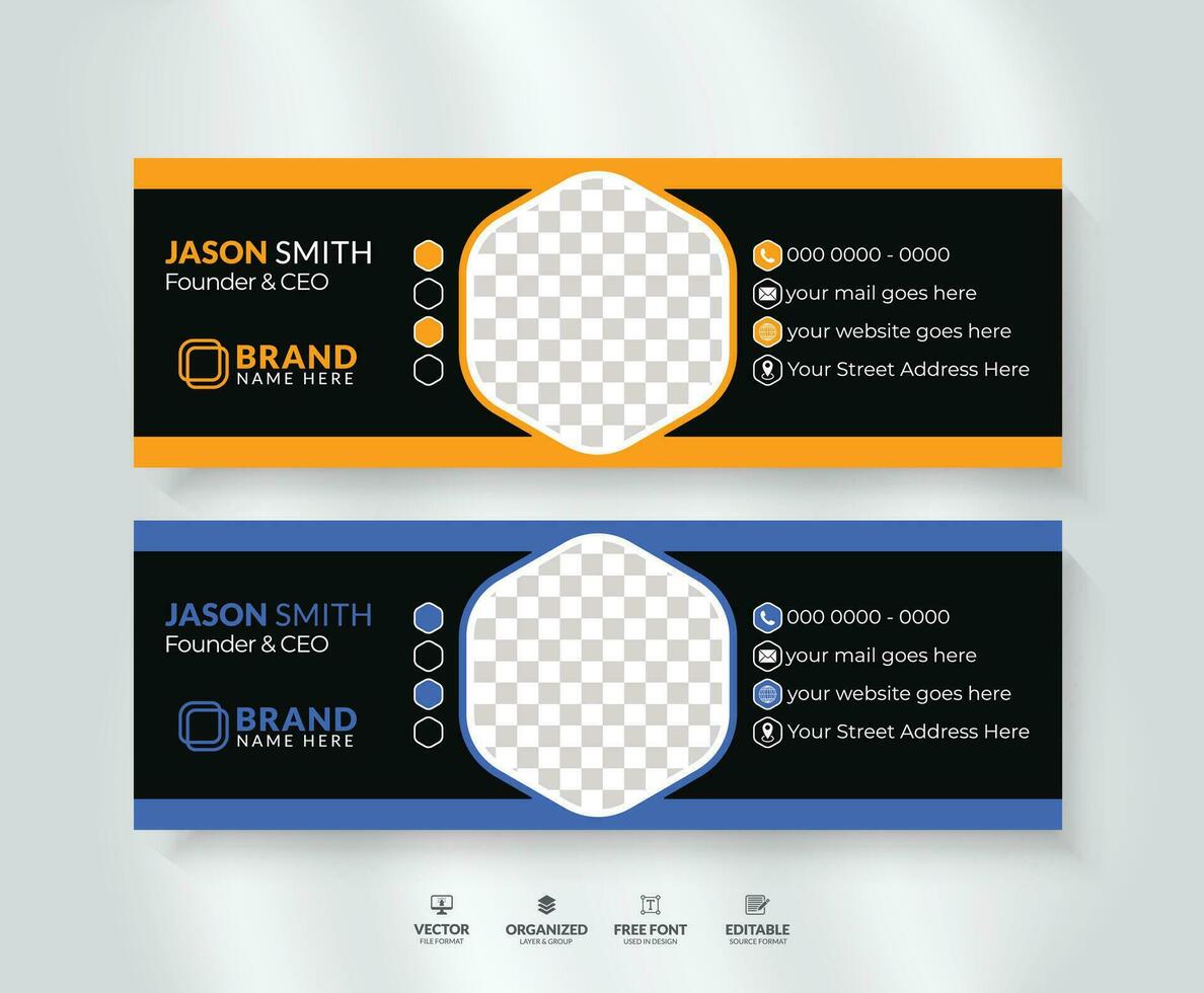 Email signature design with an author photo place and personal social media cover templates. vector