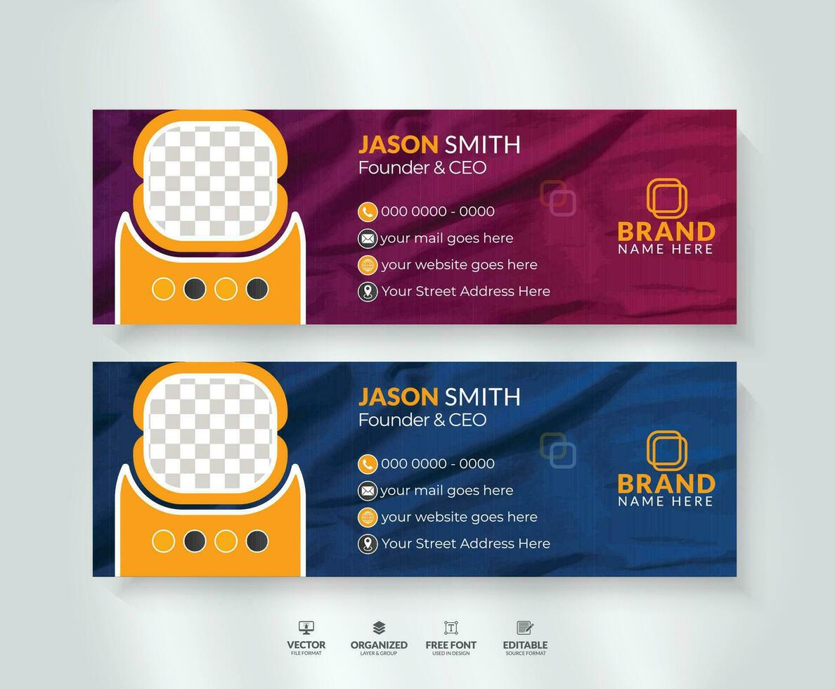 Email signature design with an author photo place and personal social media cover templates. vector