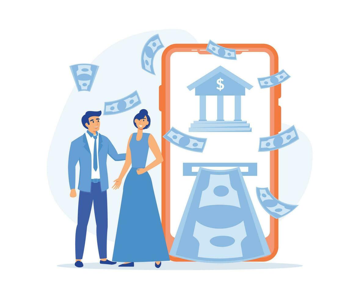 Bank Mobile Application for Family Budget. Young Married Couple Using Internet Banking and Accounting for Credit Card Managing, flat vector modern illustration