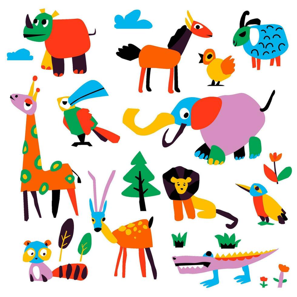 Animal characters and personages drawn by kid vector