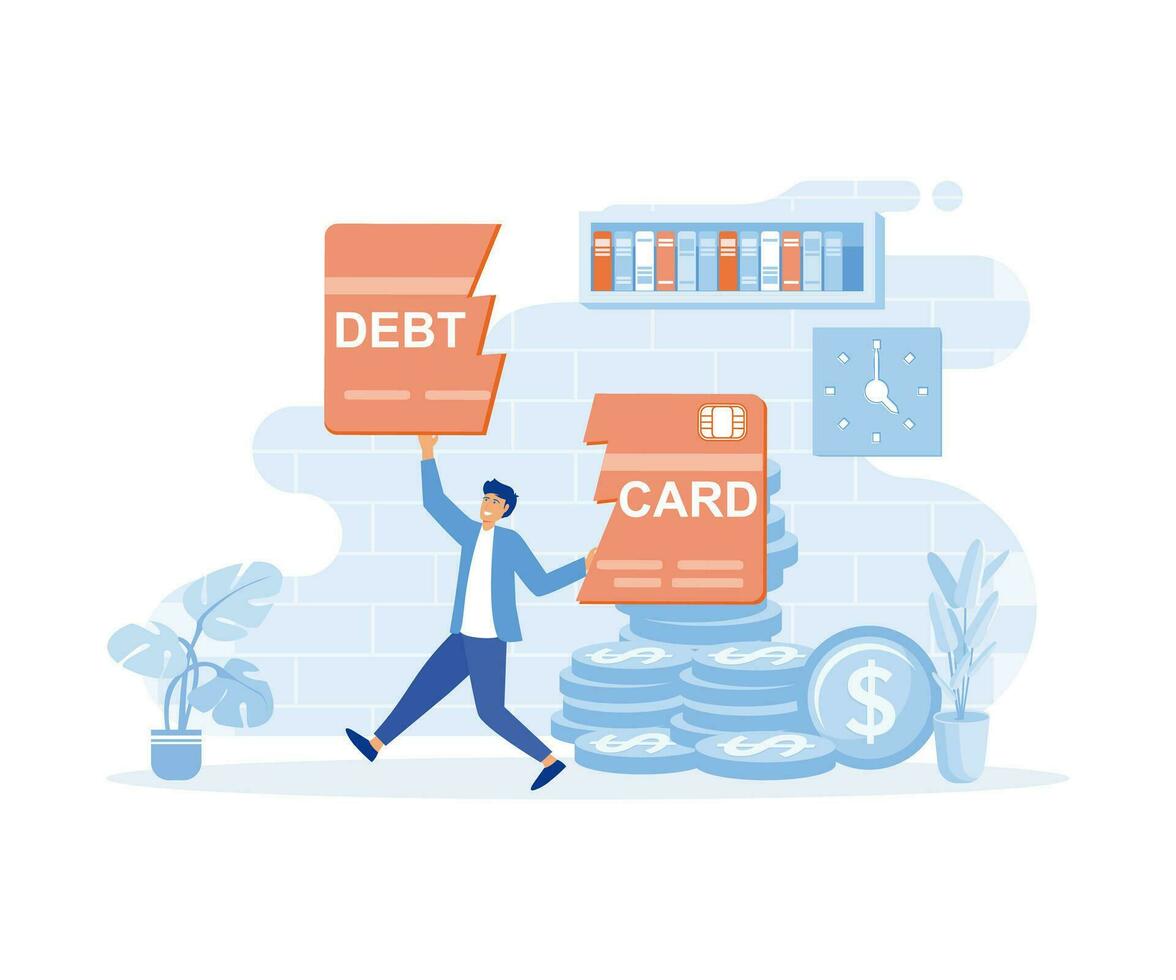 trampa de crédito tarjeta deuda concepto. empresario contento después pago apagado crédito tarjeta deuda. financiero libertad, plano vector moderno ilustración