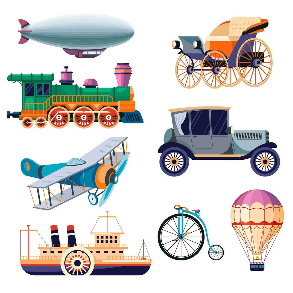 Retro means of transport, train and air balloon vector