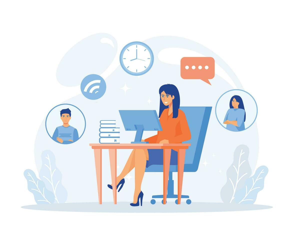 Home office concept, woman works from home with laptop and connect with another worker online, remote work, flat vector modern illustration