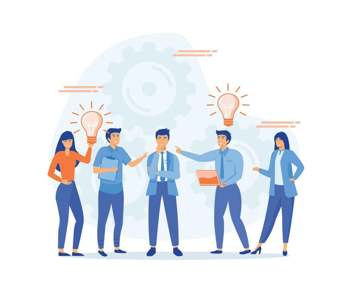 Brainstorm, idea discussion concept. Business team finding solution, thinking, sharing offers, light bulbs, flat vector modern illustration