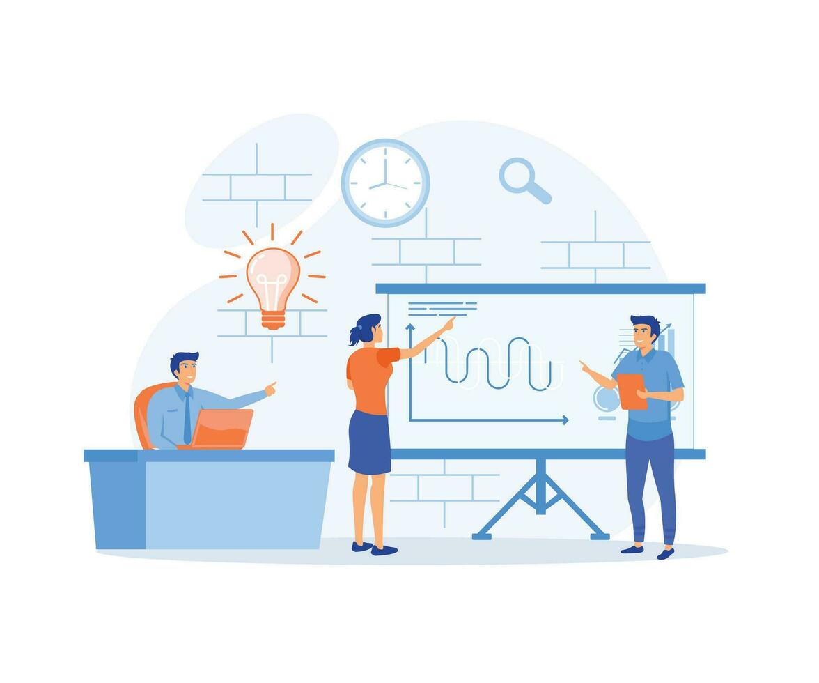 Business people working in the office. Minimal co-working space. Group of working office employees, Team project, brainstorm, flat vector modern illustration