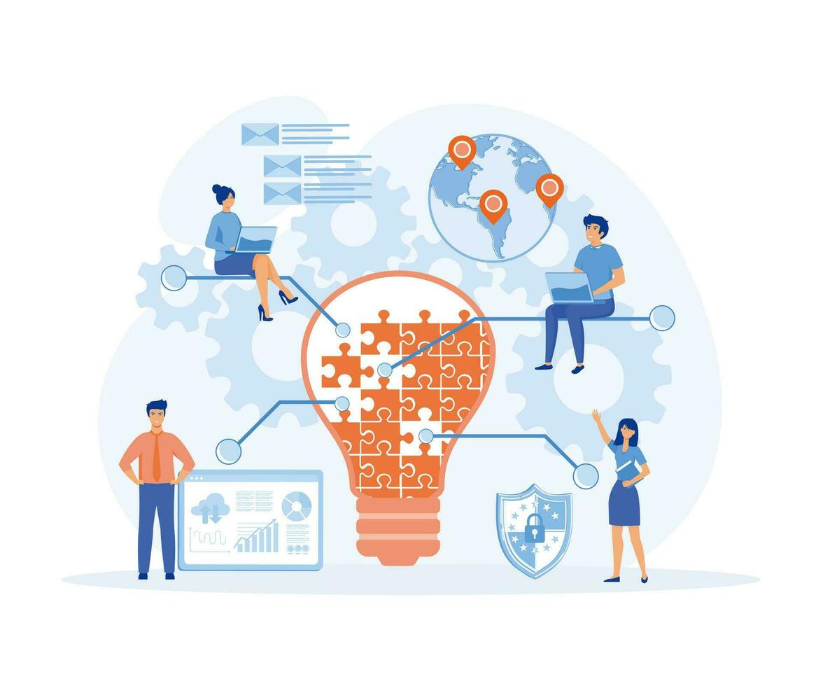 a group of people characters are thinking over an idea. prepare a business project start up. rise of the career to success. flat vector modern illustration