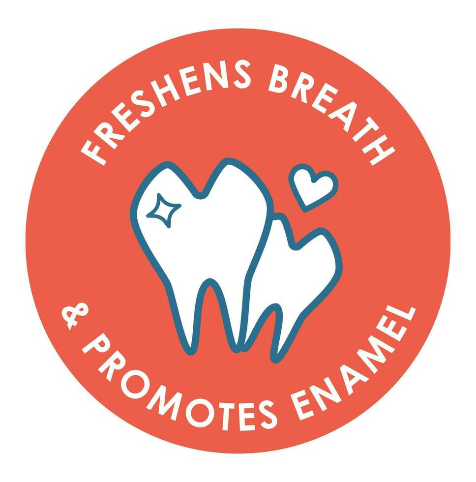 Freshens breath and helps strengthen enamel, label vector
