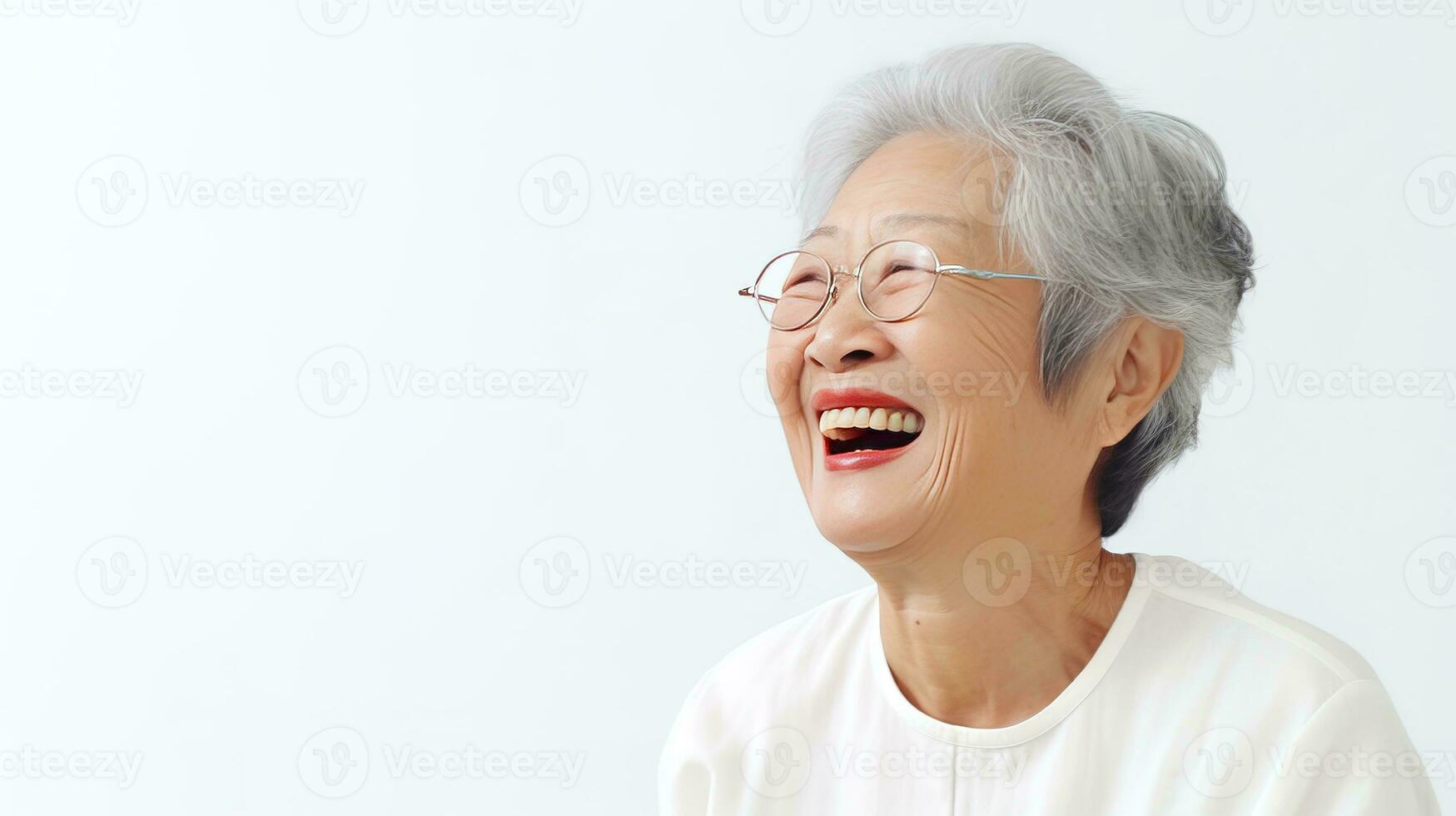 Close up photo of an 80-year-old Chinese woman laughing with Alzheimer disease on white background. Generative AI