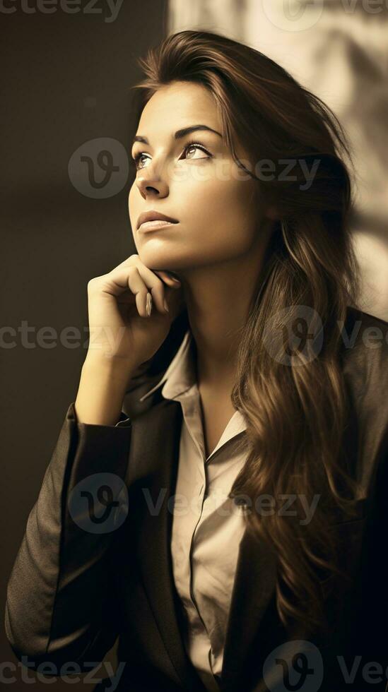 joven mujer de negocios en un elegante traje huelgas un pensativo actitud con un duotono filtrar, creando un moderno, elegante apariencia. generativo ai foto