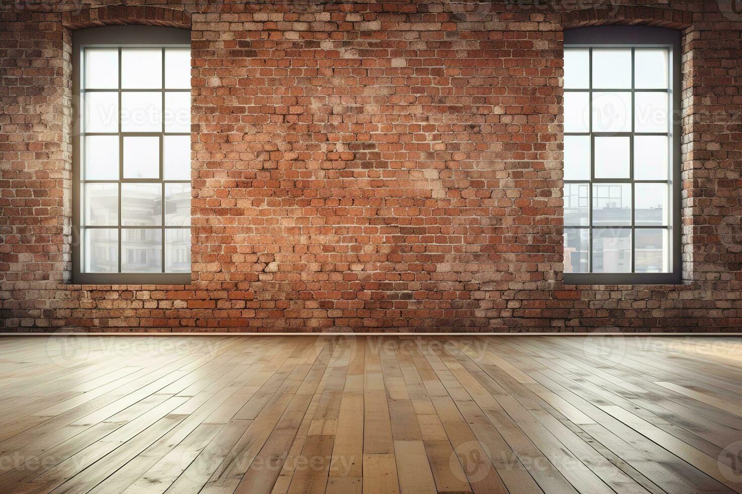 3D rendering of an empty room with big window in loft style. Wooden floor and brick wall in a modern interior. Bright and spacious space with a lot of natural light. copy space. Generative AI photo