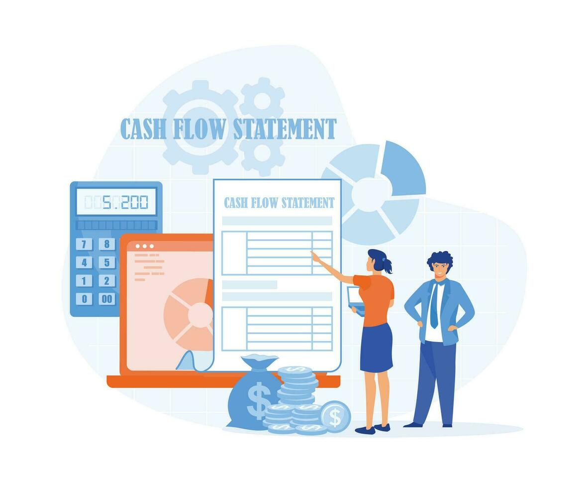 Cash flow statement vector concept, Businesswoman and businessman checking cash flow statement on laptop together. flat vector modern illustration