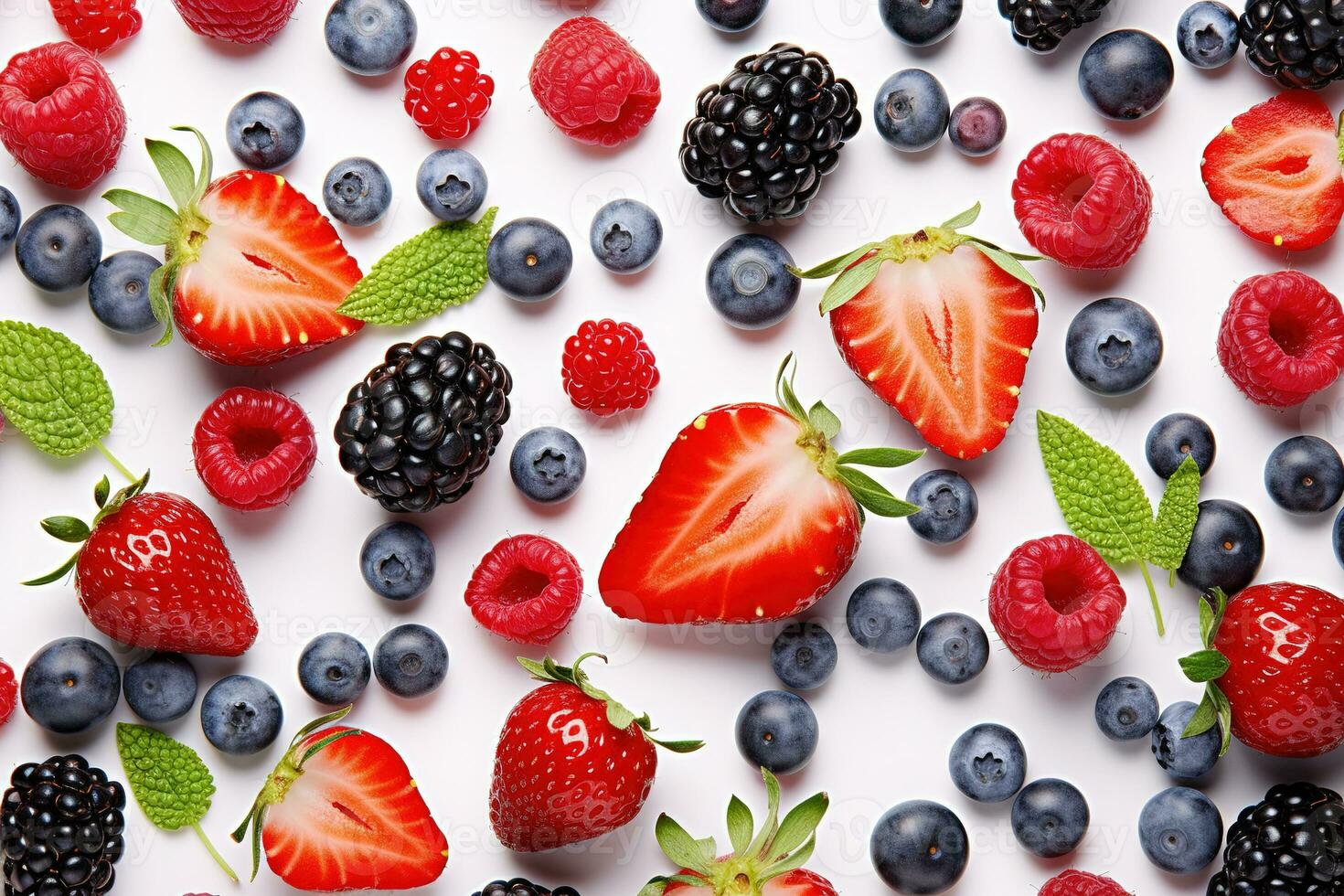 Variety of fresh berries, including strawberries, raspberries, blueberries, blackberries, and red currants on a white background. The berries are ripe and juicy, with bright colors and a glossy sheen. photo