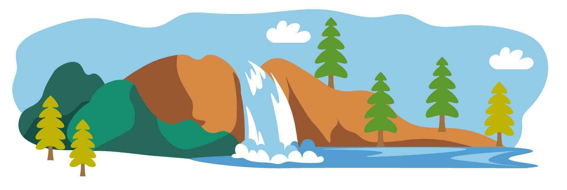 paisaje con cascada, bosque y montañas vector