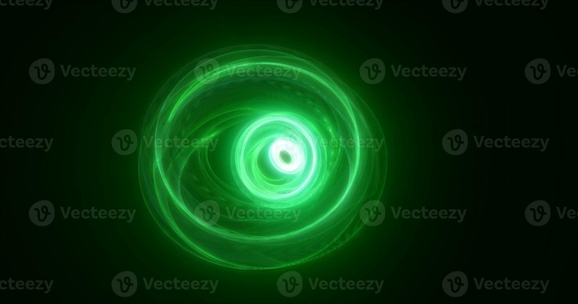 Abstract green rings spheres from energy magic waves of smoke circles and glowing lines on a black background photo