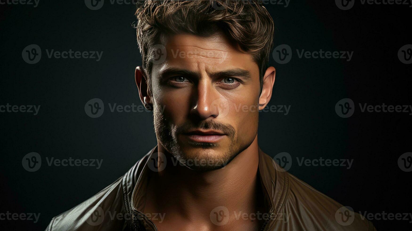 Handsome male clothing model in brown leather jacket photo