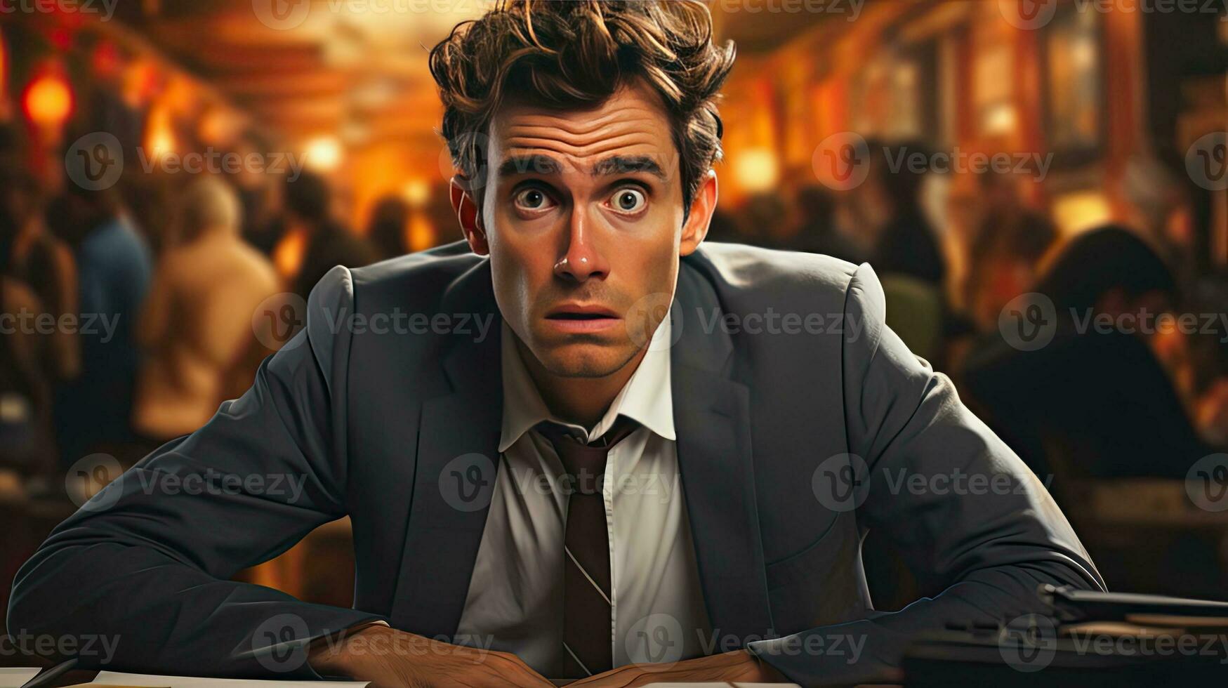 Sad upset male office worker unsuccessful businessman in suit, concept of stress grief and career failure photo