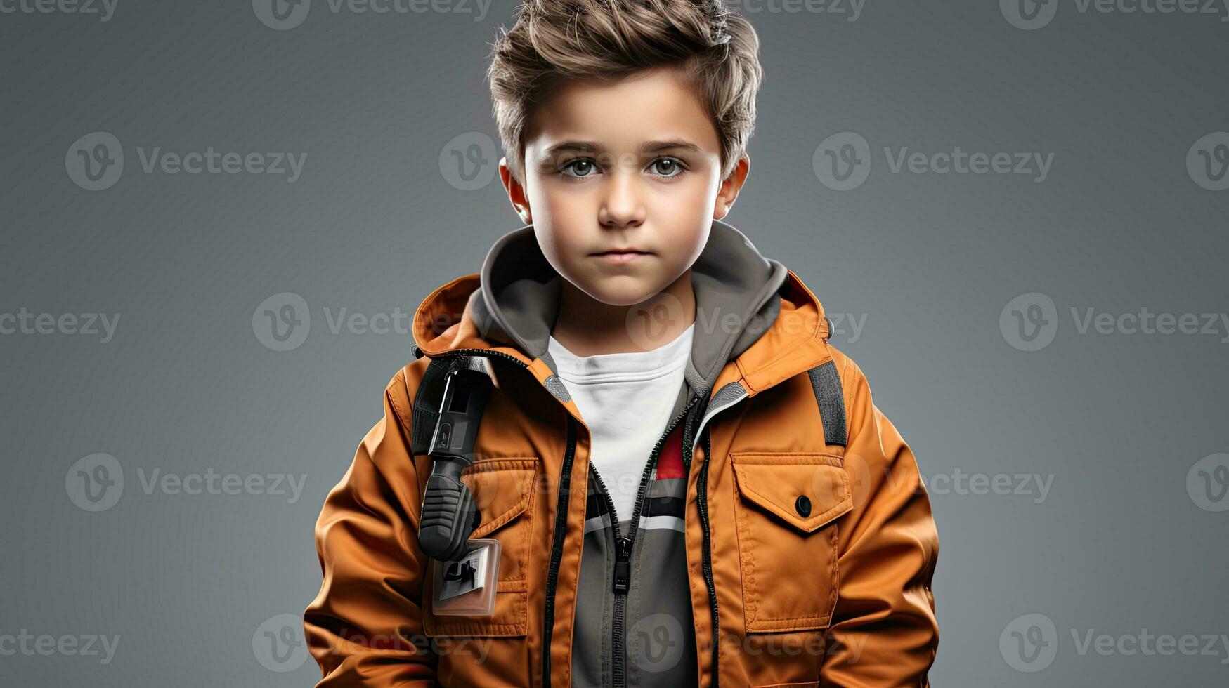 niño chico adolescente en un amarillo invierno chaqueta en un oscuro gris antecedentes foto
