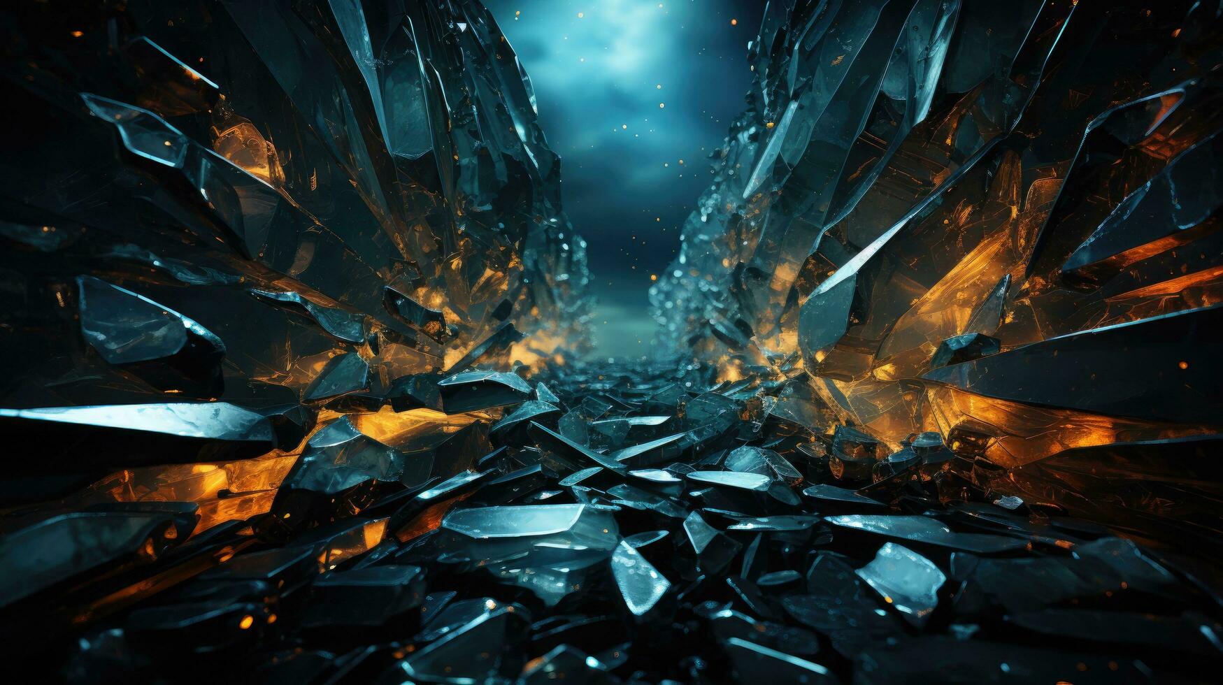 Abstract background of broken flying shards of glass and crystals on a dark background photo