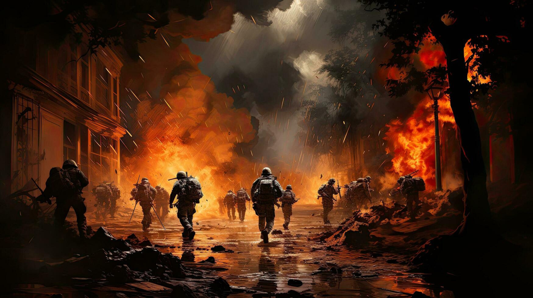 Combat military operations in a city with high buildings, a modern city destroyed by explosions during the war and soldiers in broken burning concrete buildings photo