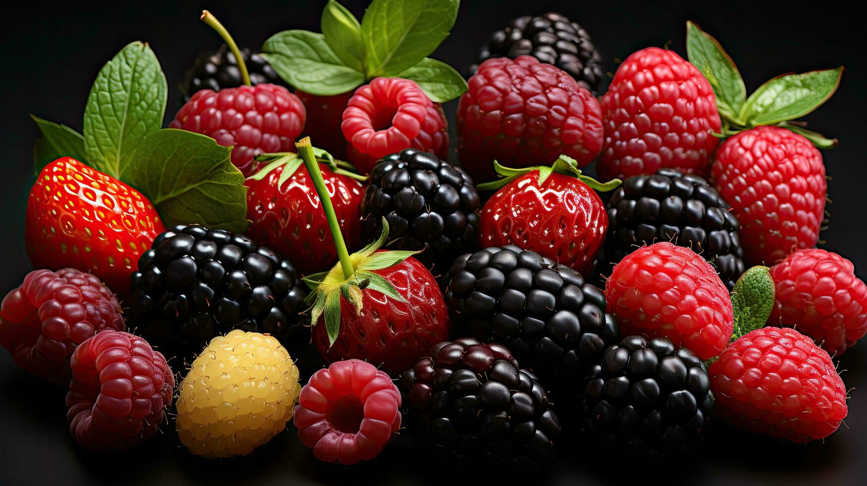 conjunto de delicioso Fresco bayas moras fresas y frambuesas en un oscuro antecedentes foto