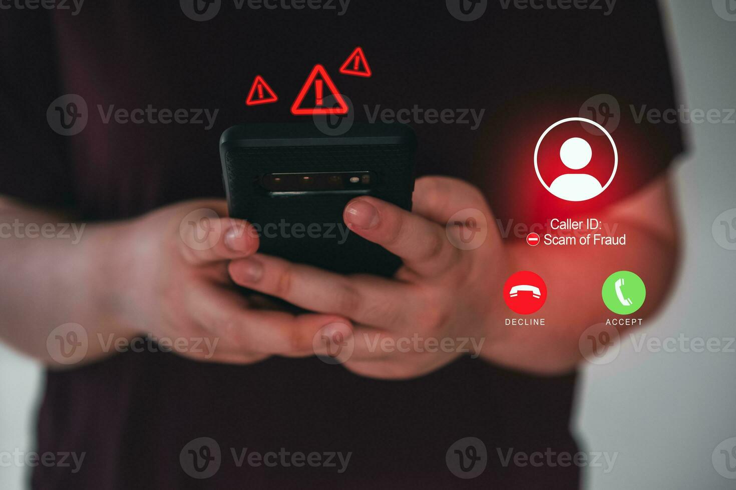 Woman using smartphone with incoming unwanted call VR interface. Spam, scam, phishing and fraud concept with copy space. Security technology. Selective focus. photo