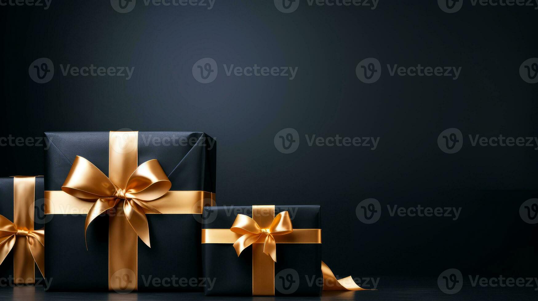 Black background with black gift boxes and golden ribbon bow. Wallpaper with copy space. Black Friday concept. Template mockup for text, logo and product presentation. AI Generative photo