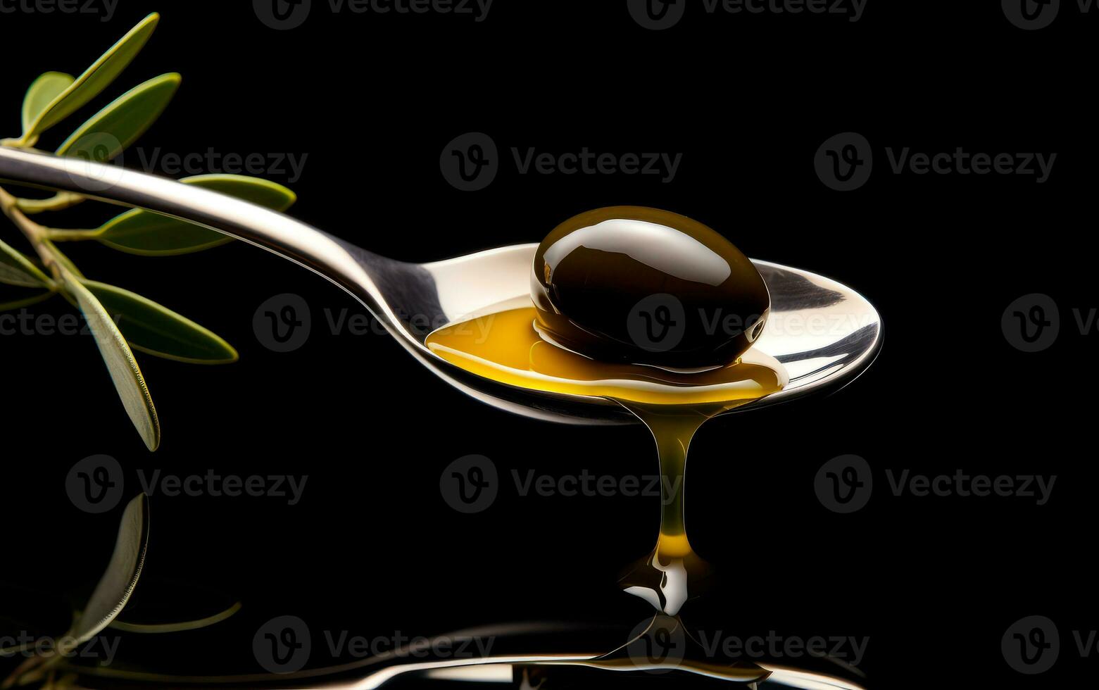 Spoon with virgin olive oil and dark background. AI Generative photo