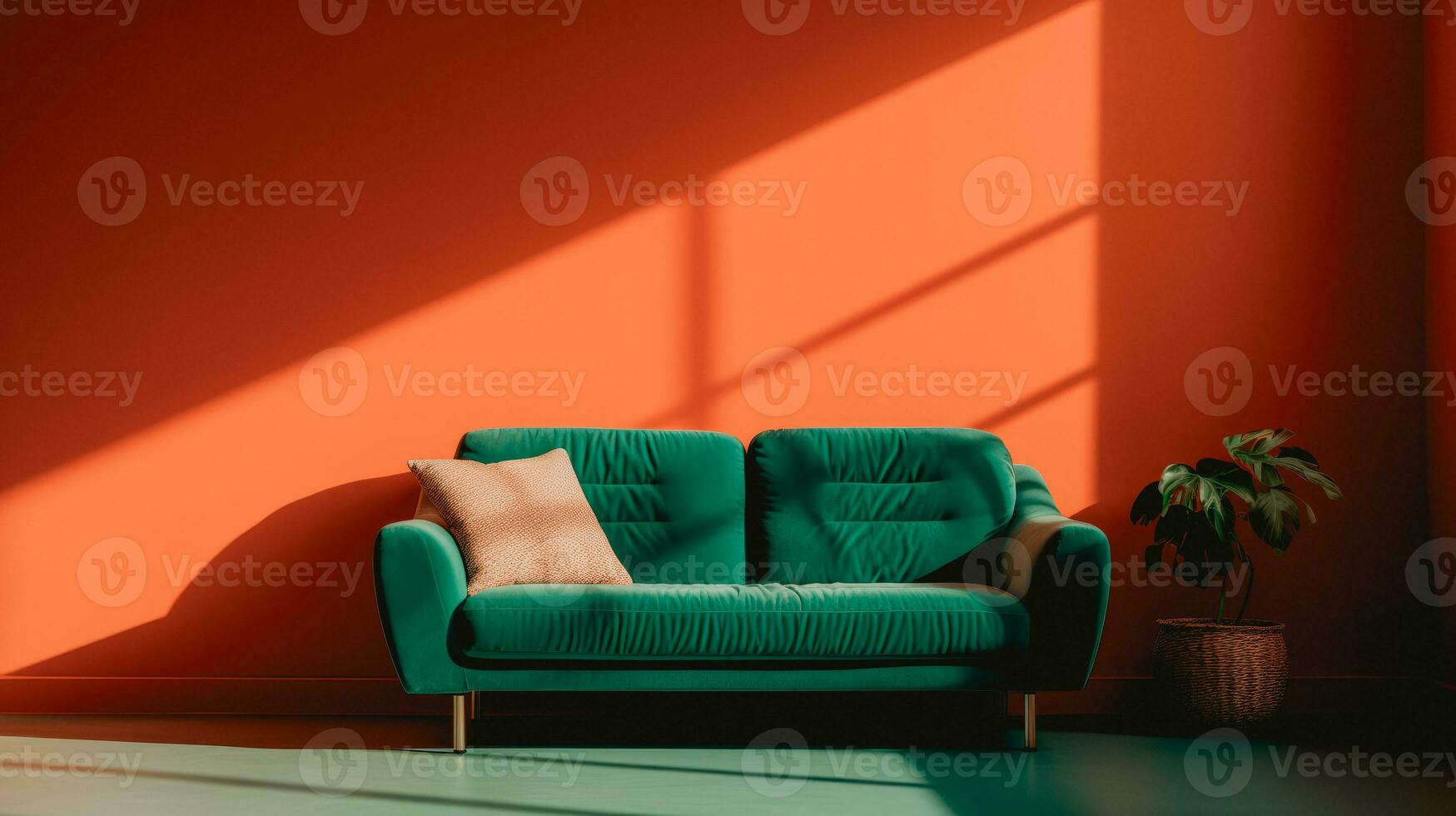 Modern empty room with colorful orange wall, window shadow and vintage green sofa. Studio shot with copy space. AI Generative photo