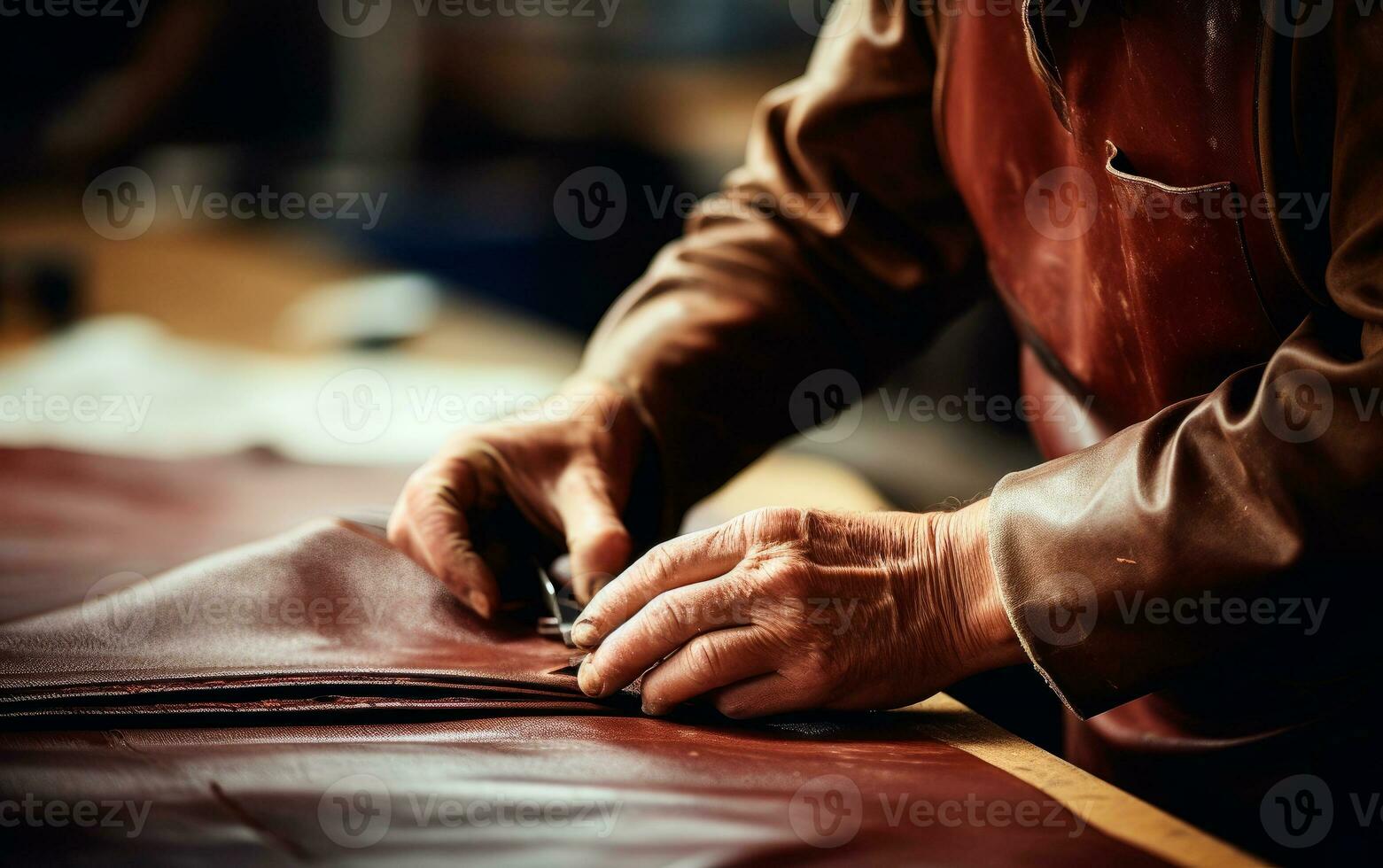 Artisan man working with leather. Closeup photo showing the process of making leather goods. AI Generative