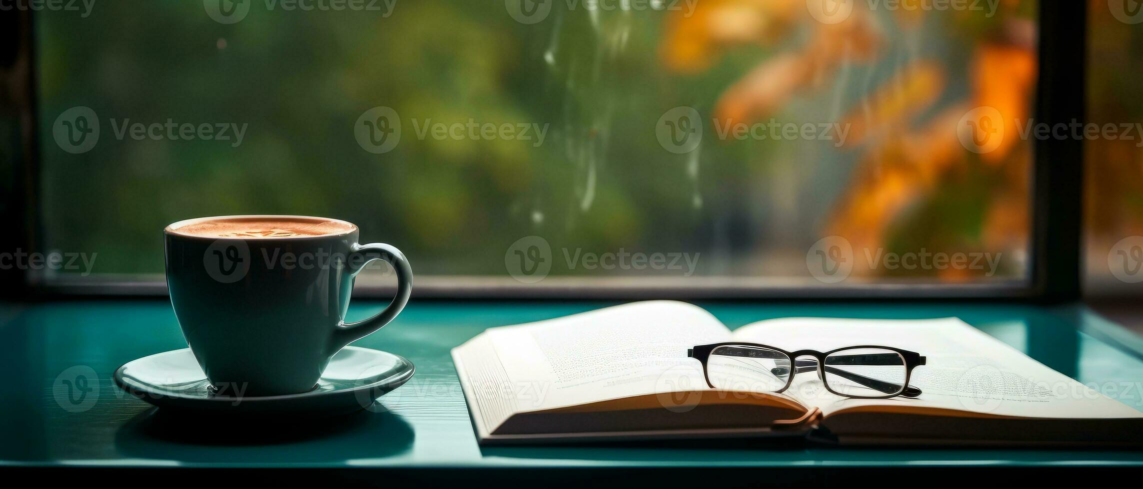 Open book, eye glasses and hot coffee next to the window. Banner of cozy morning with copy space. AI Generative photo