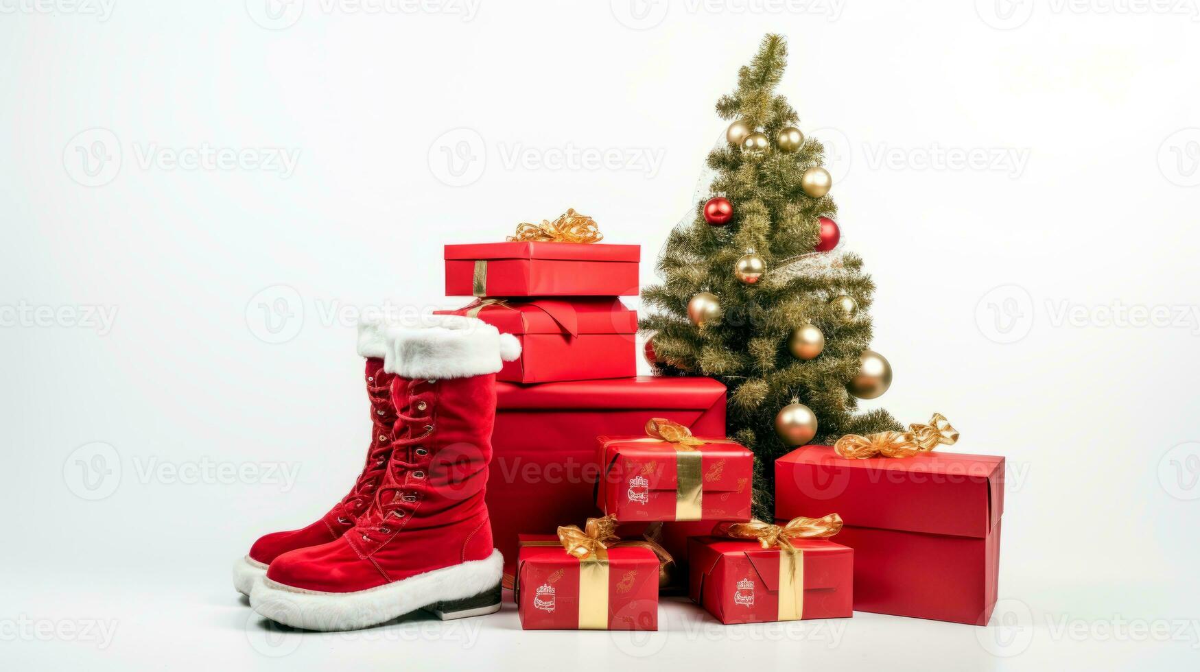 Minimalist composition banner of Santa Claus boots with Christmas gifts over white background. AI Generative photo