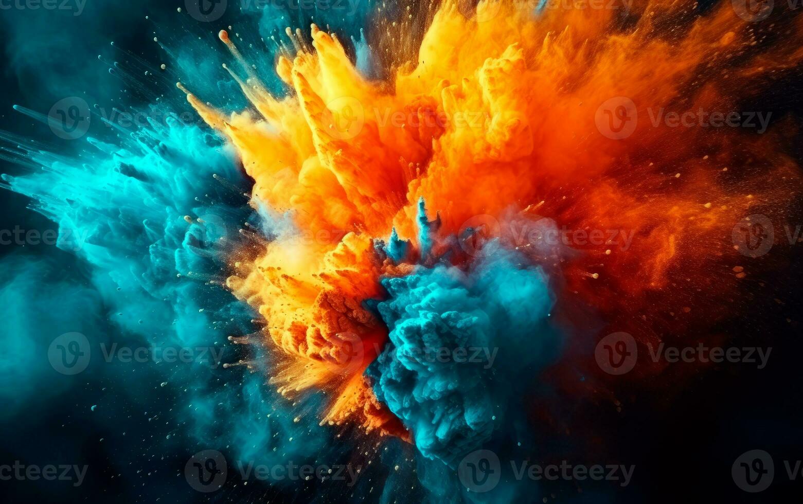 Blue and orange colored powder explosions over black background. Holi paint powder splash. photo