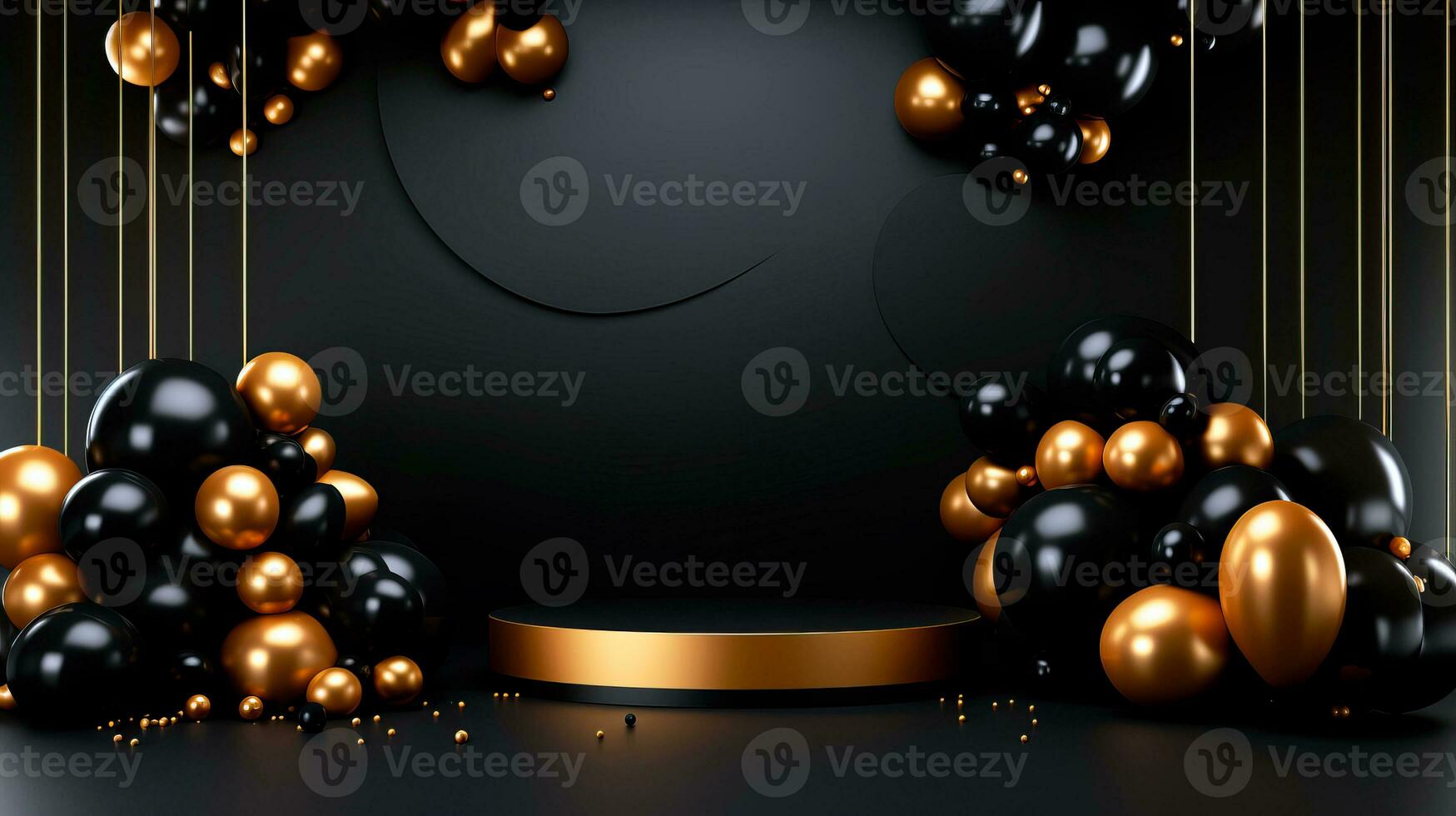 Gold and black spheres over black background. Black Friday concept. Template mockup for text, logo and product presentation. AI Generative photo