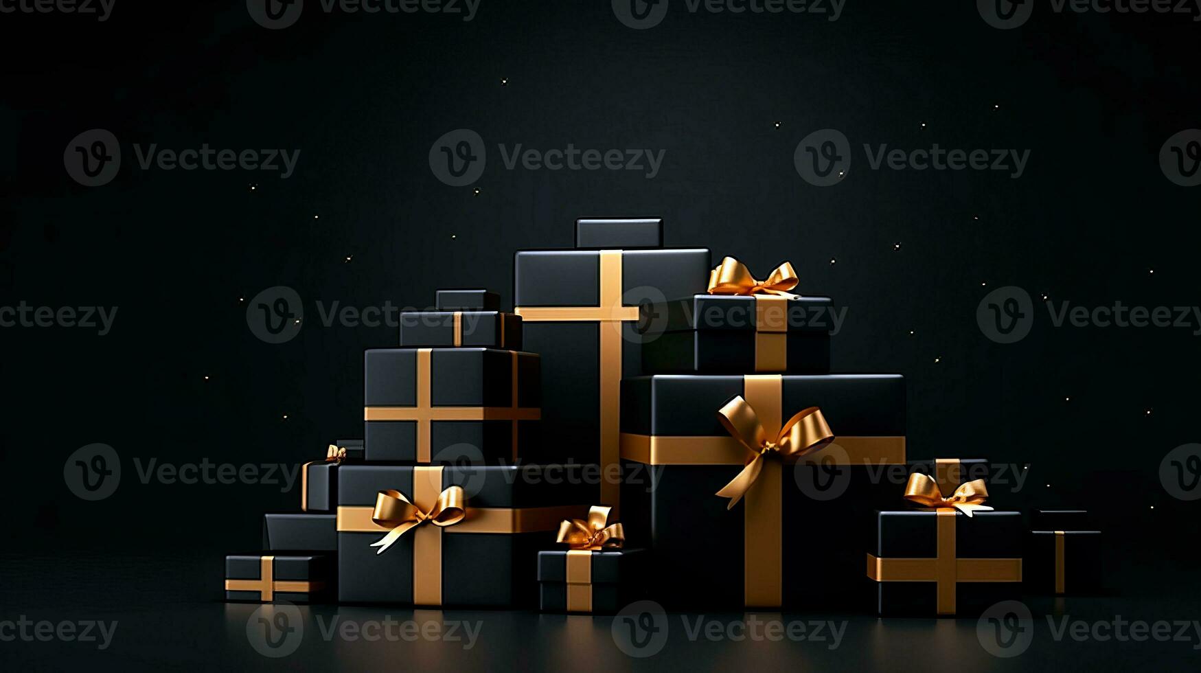 Black background with black gift boxes and golden ribbon bow. Wallpaper with copy space. Black Friday concept. Template mockup for text, logo and product presentation. AI Generative photo