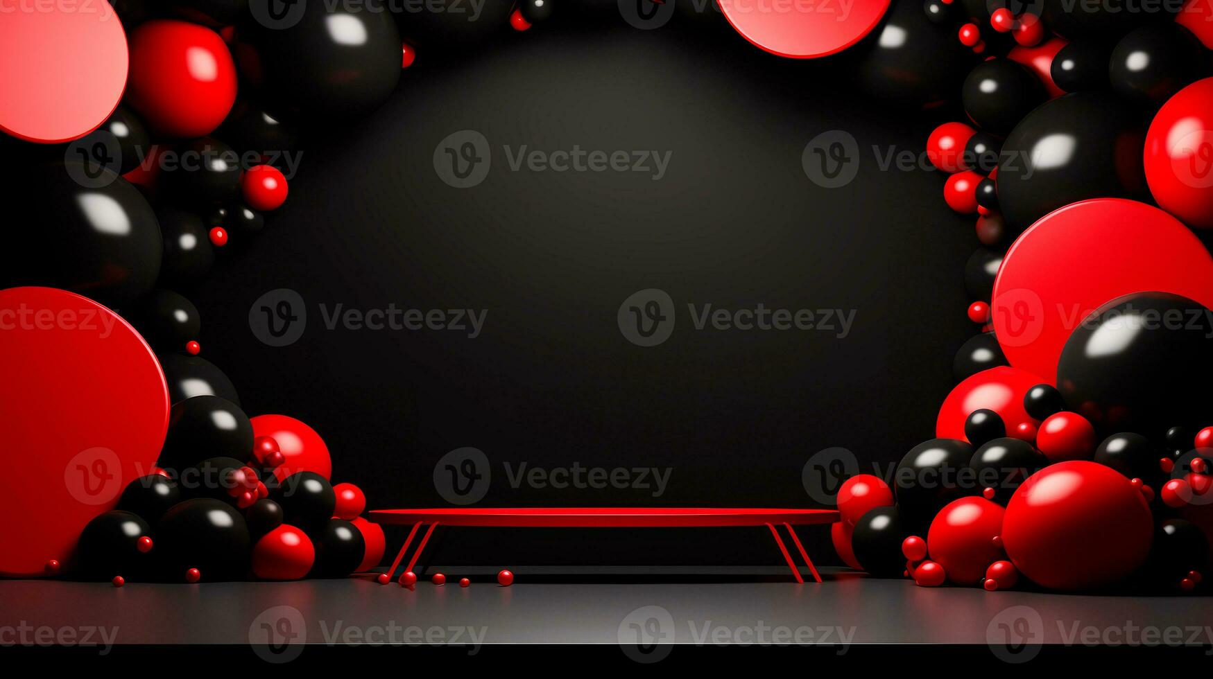Red and black spheres over red surface and black background. Black Friday concept. Template mockup for text, logo and product presentation. AI Generative photo
