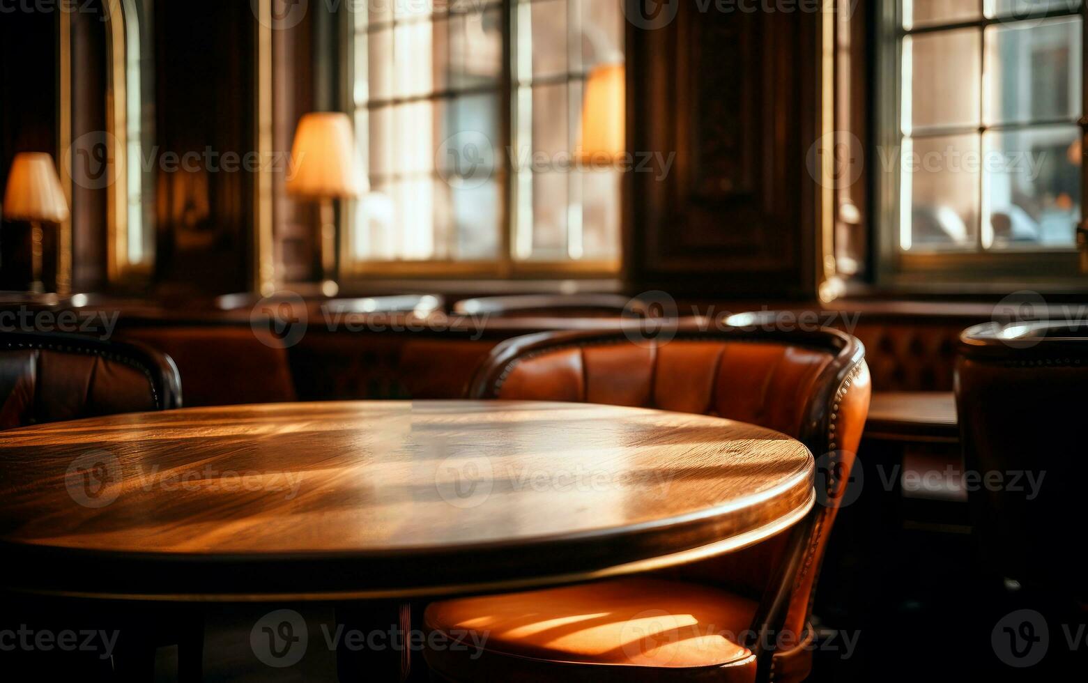 Classic wooden table of cozy restaurant. Space for product. Elegant and select restaurant table. photo
