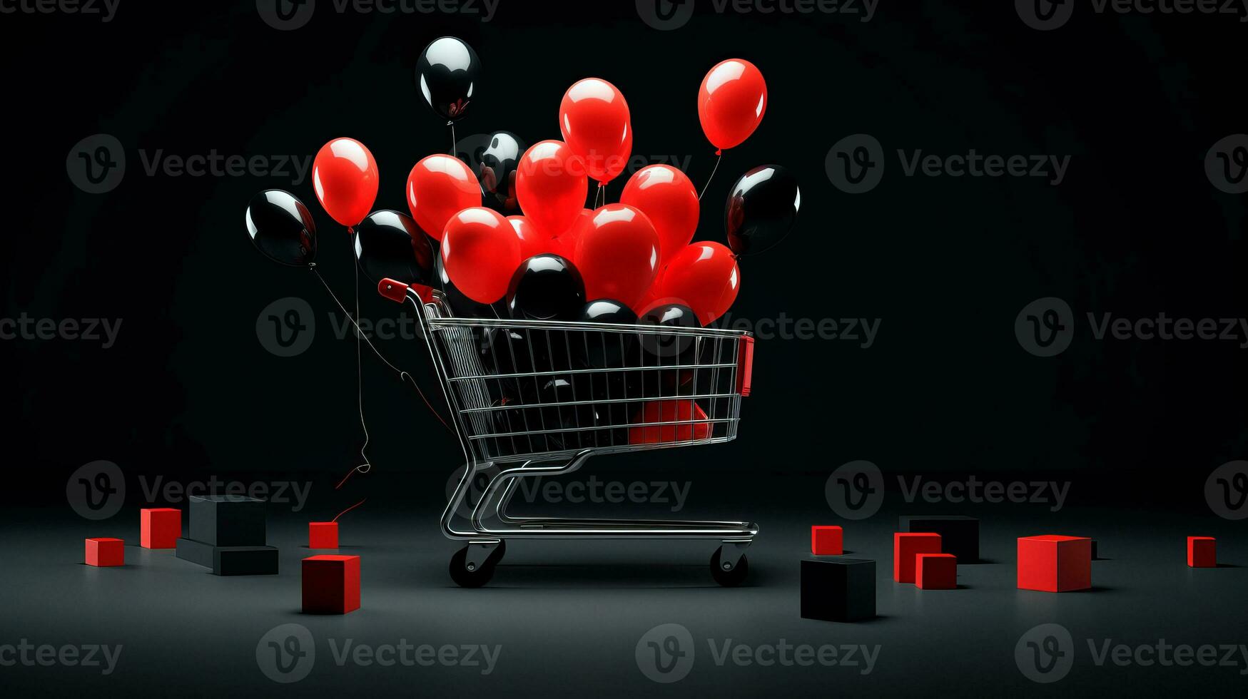 compras carro terminado negro antecedentes y rojo y negro globos negro viernes concepto. modelo Bosquejo para texto, logo y producto presentación. ai generativo foto