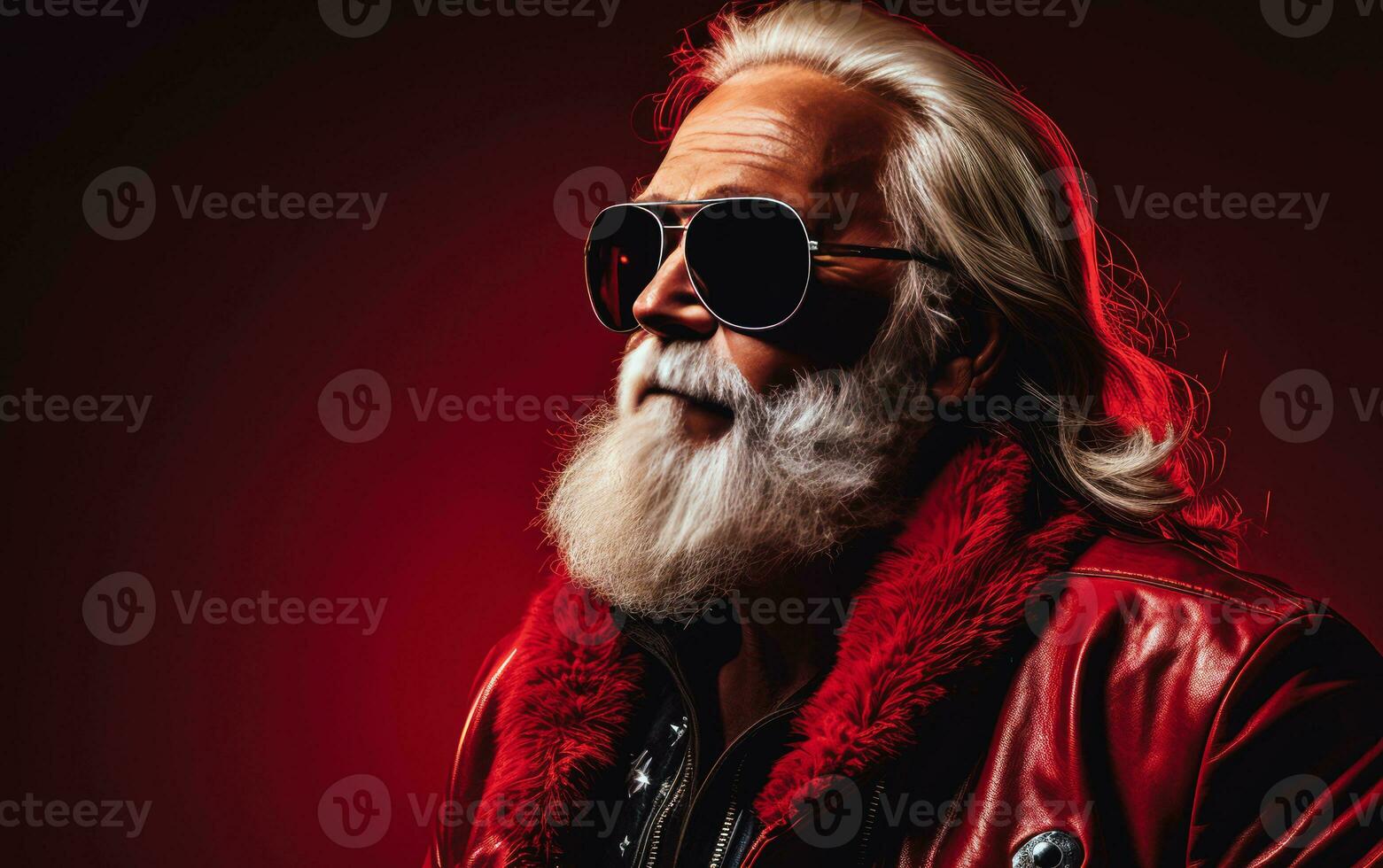 Portrait of modern Santa Claus with sunglasses and red leather jacket over red background. AI Generative photo