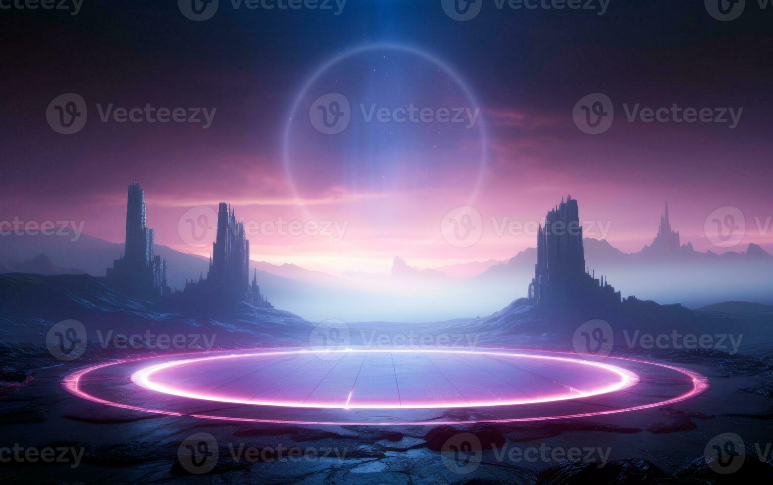 Futuristic purple glowing neon round portal in the desert. Scifi illustration style. AI Generative photo