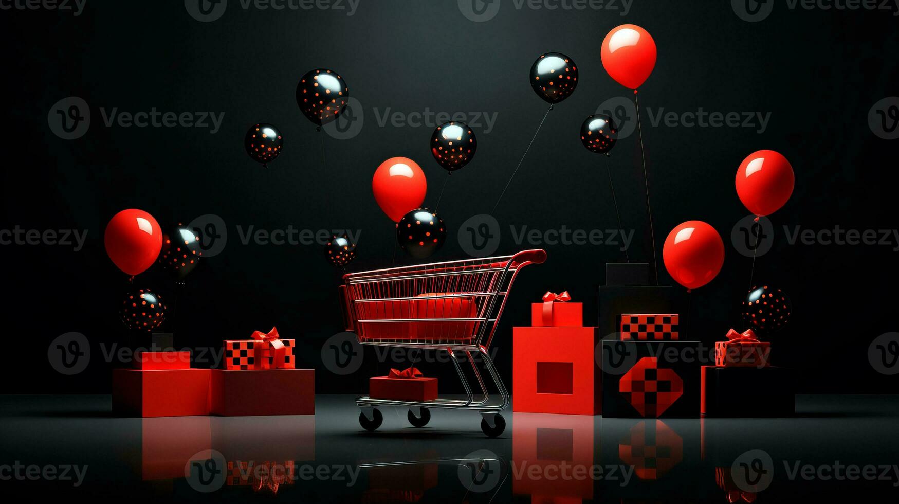 Shopping cart over black background and red and black balloons. Black Friday concept. Template mockup for text, logo and product presentation. AI Generative photo