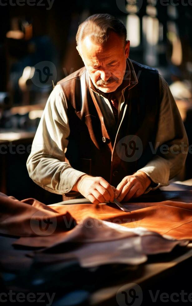 artesano hombre trabajando con cuero. de cerca foto demostración el proceso de haciendo cuero bienes. ai generativo