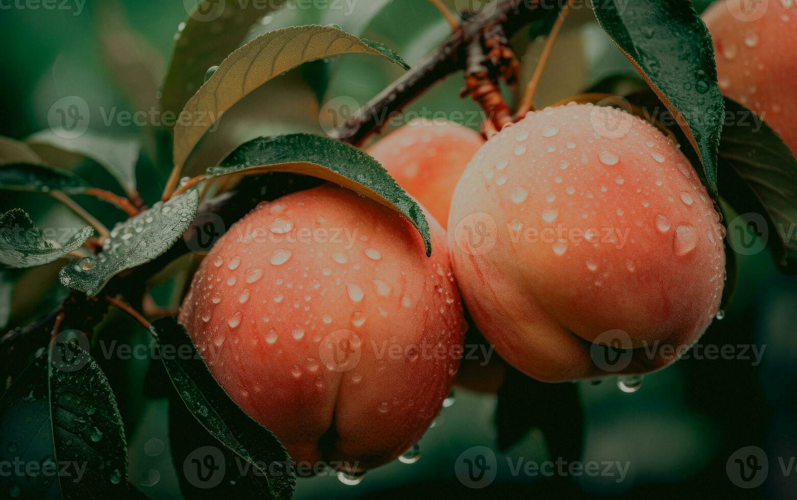 Fresh ripe peaches on tree with rain drops. AI Generative photo