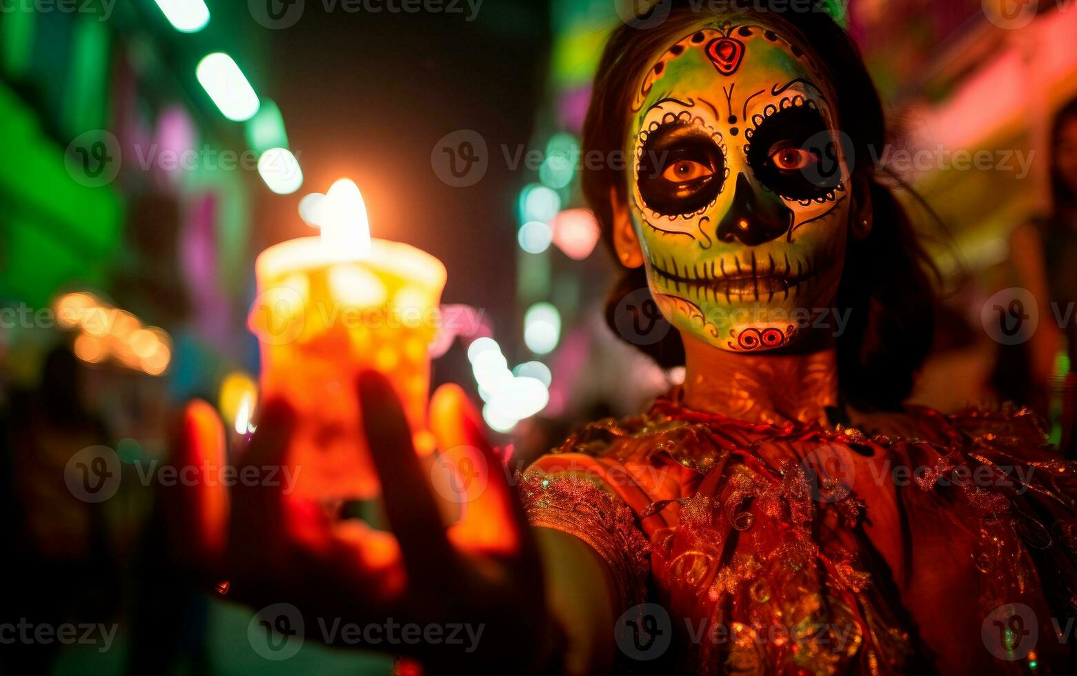 Portrait of beautiful woman with Katrina skull makeup on the street. Day of the dead. Halloween costume. AI Generative photo